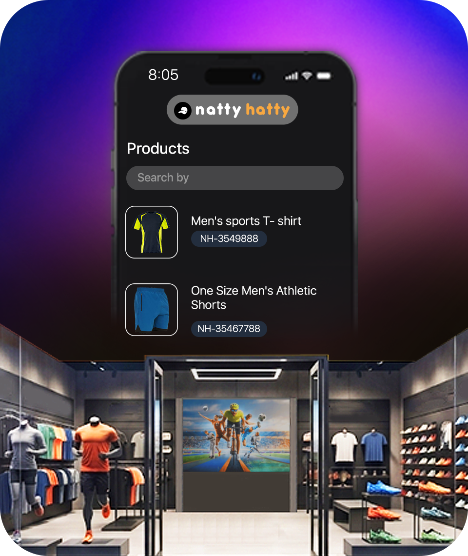 All-in-one sports storefront interface with digital product cards for athletic gear, search functionality, and facility retail management tools.