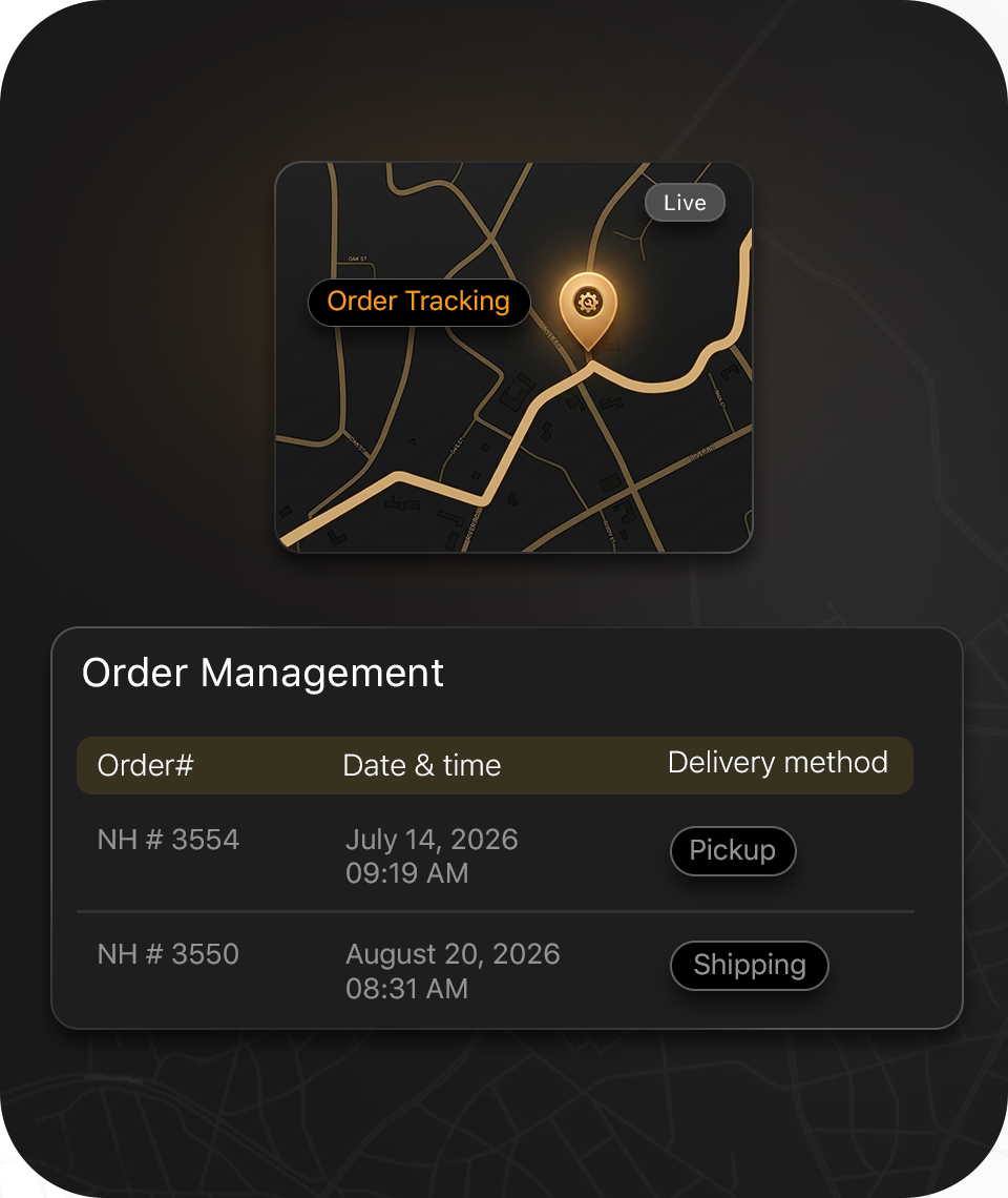 All-in-one order management platform with a live tracking map, fulfillment status indicators, and organized shipping and pickup logs.