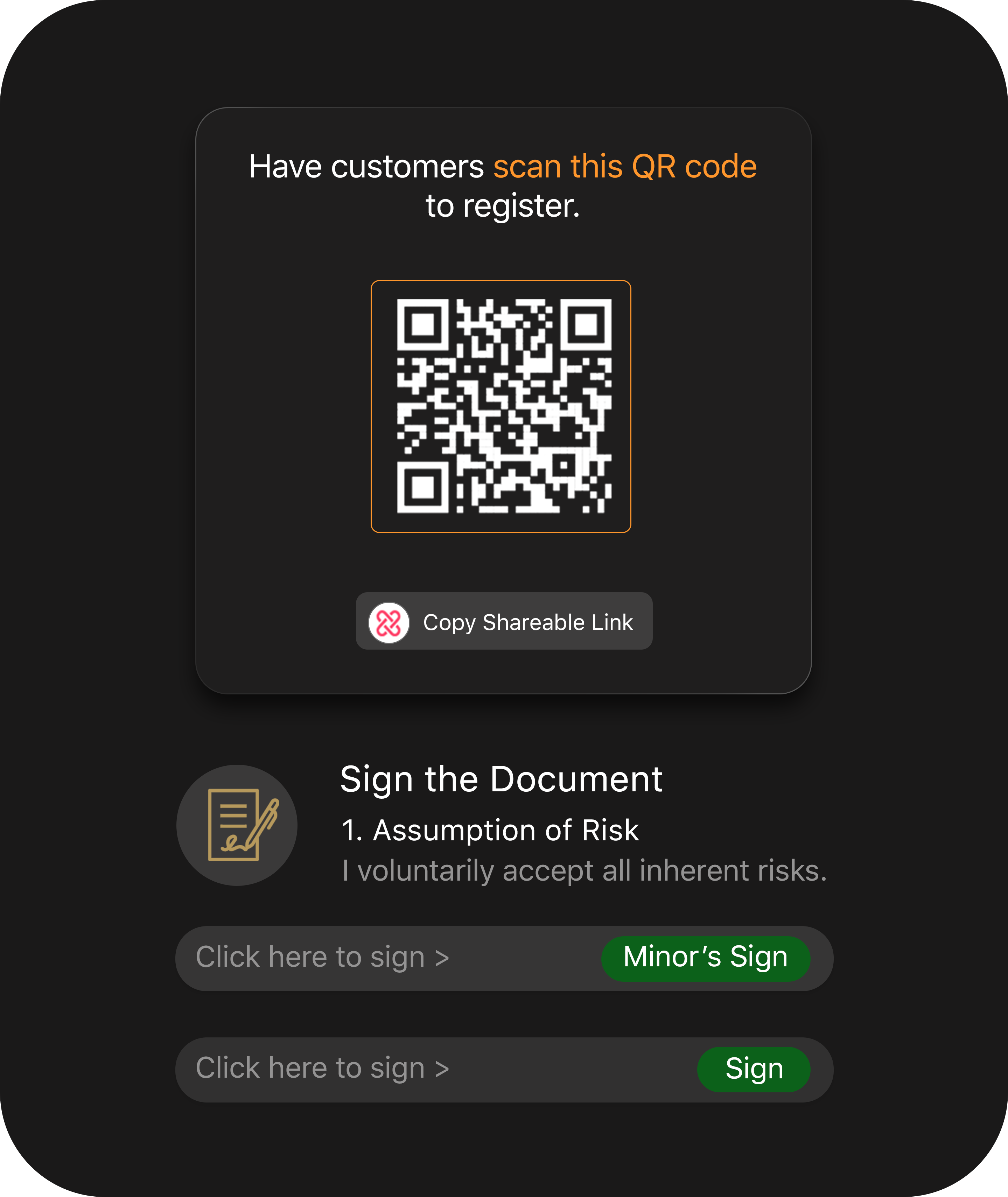 Digital waiver software for sports facilities and clubs with secure QR code registration, electronic signature capture, and minor consent forms.