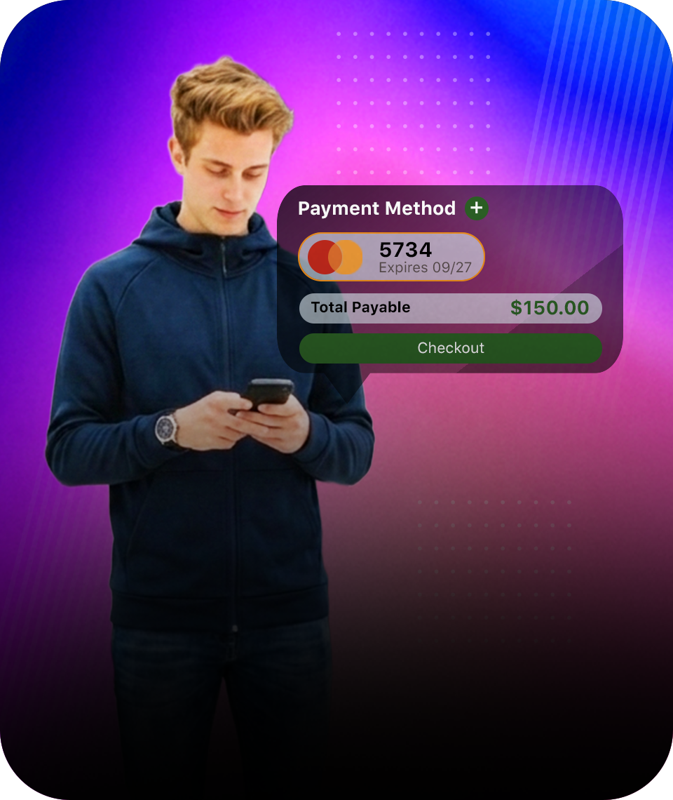 Direct payment link interface for sports programs featuring mobile checkout tools, payment method selection, and automated registration billing.