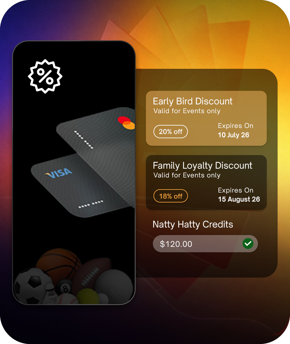 Discount and promotion management interface with automated price adjustments, youth membership billing statements, and refund tracking tools.