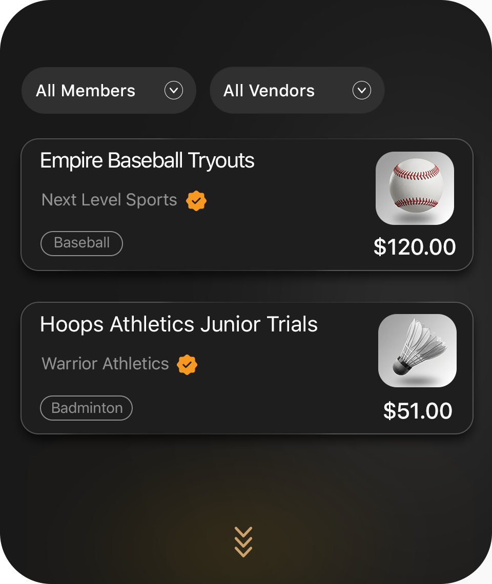 Sports tryout management software for clubs and organizations featuring organized registration listings, event pricing, and vendor filtering tools.